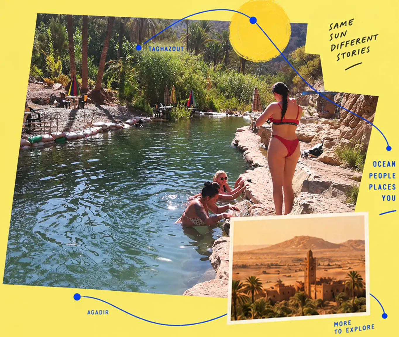 Paradise Valley natural pools and Moroccan desert landscapes, a travel collage